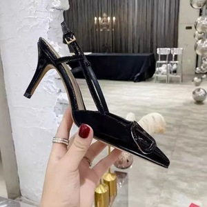 2025 estate alta versione V Brand <span class=keywords><strong>Nude</strong></span> pelle verniciata Stiletto per donna punta chiusa francese con fibbia a V scarpe singole aperte con zeppa - Product Image 6