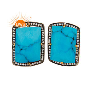 Sky Blue Turquoise Gemstone Earrings 18k Gold Plated 925 Silver Rectangle Shape Stud Earrings Jewelry Wholesale - Product Image 1