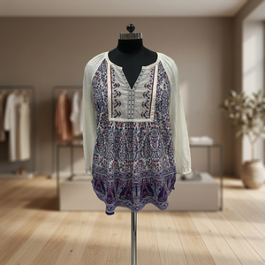 Boho V-Neck <b>Embroidered</b> <b>Tunic</b> Dress Long Sleeve Paisley Print Loose Fit Summer Casual Mini Dress 100% Cotton Woven Breathable - Product Image 3