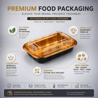 Boîte alimentaire rectangulaire en PET avec couvercle transparent, base noire et dorée de qualité supérieure, pour gâteaux, desserts, salades, 7 tailles, écologique