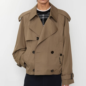 Chaqueta Gabardina Corta para Hombre, Estilo Gabardina, Cuello Alto, Doble Botonadura, con Epaulettes y Forro a Rayas en Contraste - Product Image 1