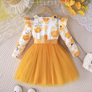 ชุดเดรสตาข่ายพิมพ์ลายสาวน่ารักแขนยาวคอปก O พร้อมเข็มขัดริบบิ้นสำหรับฤดูใบไม้ร่วง-เสื้อผ้าเด็กอายุ 2-7 ปี - Product Image 2