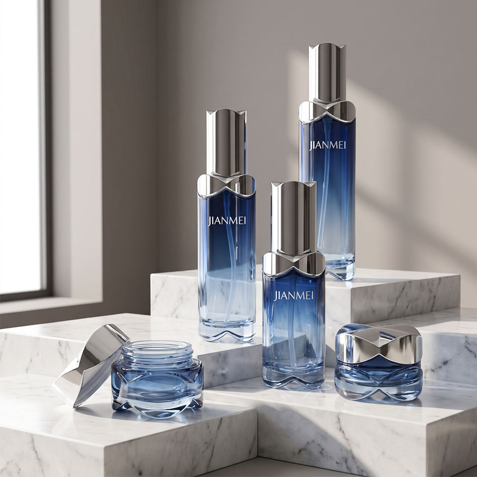 ODM OEM Gradient Deep Blue Glass Cream Jar Lotion Bottle Set with ...