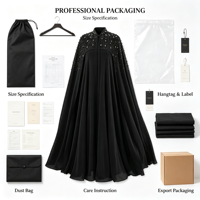 Robe longue musulmane noire pour femme, style abaya, col montant, ornée de perles et de strass aux épaules, en mousseline fluide, pour soirée, en polyester