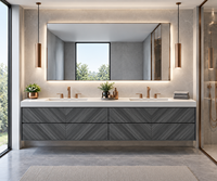 Kabinet Penyimpanan Veneer Walnut Modern, Cermin Kayu Dinding, Kabinet Kamar Mandi Double Sink dengan Meja Marmer