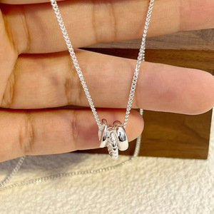 S925 Sterling Silver Minimalist Three <b>Ring</b> Pendant <b>Necklace</b> Geometric Design 405cm Chain Everyday Wear - Product Image 1