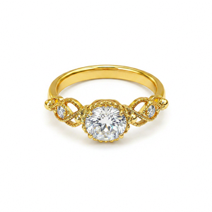 Anillo de compromiso Gourik de latón chapado en oro con piedra de nacimiento de abril creada en laboratorio, engaste de púas, corte brillante, diseño floral, estilo suroeste para boda - Product Image 1