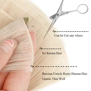 Russe 100% cheveux humains attachés à la main trame extrémités épaisses peuvent être coupés Invisible génie trame Extension de cheveux