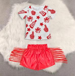 Ensemble de tenue de cheerleader pour petite fille, 8 couleurs, décontracté, écologique, sans manches, avec t-shirt à motif étoiles et short à franges - Product Image 1