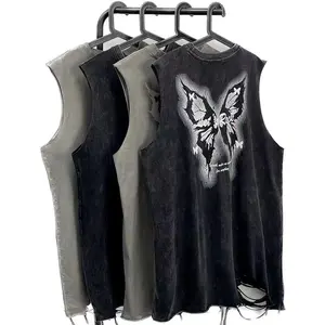Custom Men's Hip Hop Sleeveless T-shirts Distressed Design Torn Washed High Quality Cotton T-shirts For Men