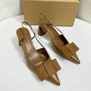 Women Pointed Toe Bow Slingback Heels Elegant Patent Leather <b>Block</b> Heel Sandals Pumps Chic Evening Party Shoes Dressy - Product Image 3