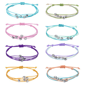 Bracelets en corde cirée faits à la main, multi-couches, imperméables, réglables, multicolores, bohèmes, 5 perles, pour femmes - Product Image 1