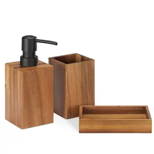 Bamboo Bathroom Accessories 3-Piece Luxury Modern Set Bath Accessory Kit With Toothbrush Holder Liquid Soap Dispenser