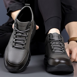 Bottes de randonnée d'hiver pour hommes en cuir, hautes, chaudes, doublées de polaire, antidérapantes, à talon plat, couleur unie, lacets avant - Product Image 3