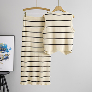 V Neck Sleeveless Striped Knit Vest With Mid Calf <b>Skirt</b> Women's Casual <b>Summer</b> Set Polyester Cotton Two Piece Outfit - Product Image 2