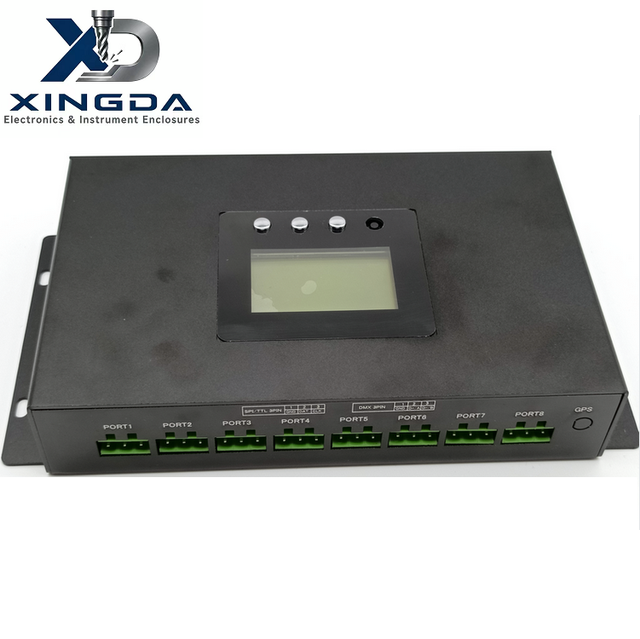 Control Enclosure Lcd Display Window Button Cutout Multiple Terminal Ports Mounting Flange Custom Controller Housing Component