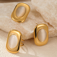 Parure de bijoux œil de chat rectangulaire en acier inoxydable plaqué or 18 carats avec pierres incrustées, boucles d'oreilles et bague minimalistes rétro, cadeau pour femme