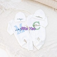 Ensemble bonnet et grenouillère pliables pour nouveau-né avec broderie personnalisée, 100% coton peigné, ensemble de vêtements pour bébé unisexe, tenue de sortie de maternité 2026
