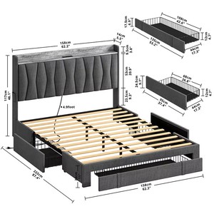 <span class=keywords><strong>Lit</strong></span> plateforme moderne Queen avec cadre rembourré et rangement, 3 tiroirs, station de charge intégrée et tête de <span class=keywords><strong>lit</strong></span> LED, en velours gris - Product Image 1
