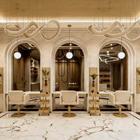 Vitrine de salon de coiffure en bois sur mesure, avec miroir incurvé à LED, design moderne et épuré