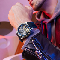Montre mécanique automatique Mark Fairwhale pour homme, double tourbillon, boîtier en acier, bracelet en caoutchouc, étanche, squelette lumineux FW-6210