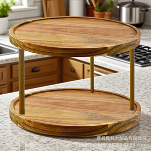 Acacia Wood Double Layer <b>Rotating</b> Storage <b>Rack</b> For Kitchen <b>Spice</b> Or Cosmetic Organizer Desktop Use - Product Image 2