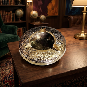 <b>Vintage</b> Brass Round Desktop <b>Ashtray</b> with Intricate Engraved Design for Home Decor - Product Image 2