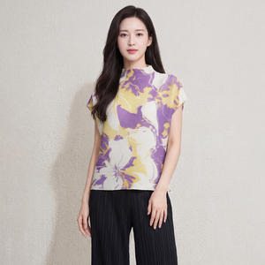 PY Hot Print Pleated Stand Collar Short Sleeve T-Shirt Women Plus Size Loose Casual <b>Compressed</b> 100% Polyester Wholesale - Product Image 1