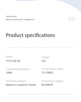 YET2194 SE Télécommande rechargeable RF avec émetteur de moteur et port Type-C pour portail, porte automatique, porte de garage