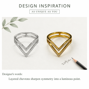 Gold and Silver Stainless Steel Cubic Zirconia Double Chevron <b>Ring</b> - Product Image 4