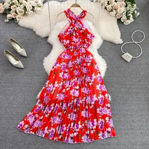 Beach dress crushed chiffon elegant waist skimming thin sleeveless summer dress