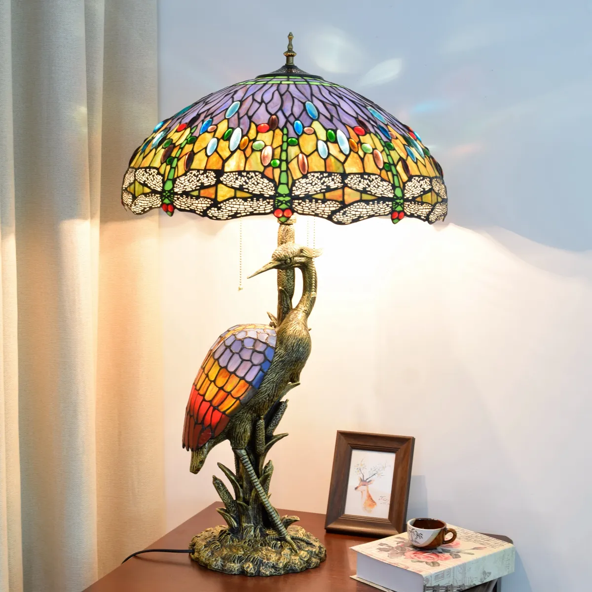 Americano Rurale creativo classico di lusso soggiorno di alta qualità gru decorativo lampada da tavolo <span class=keywords><strong>Tiffany</strong></span> Dragonfly uccello di grandi dimensioni luce
