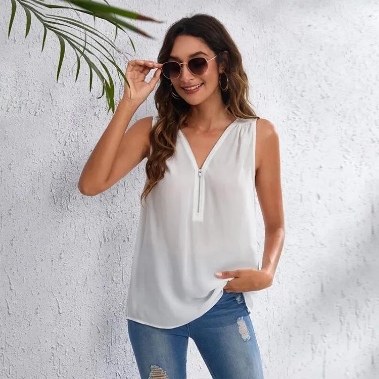 Ladies Sexy V-neck Tops Loose Shirt Zipper Blouses Women Sleeveless Chiffon Top And Blouses