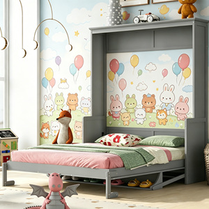 <span class=keywords><strong>Lit</strong></span> Murphy <span class=keywords><strong>mural</strong></span> gris taille Queen avec étagère latérale, meuble de chambre multifonctionnel - Product Image 1