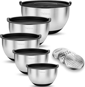 Ensemble de bols à salade en acier inoxydable avec râpe et couvercle, finition polie, respectueux de l'environnement, sans danger pour les aliments, vaisselle 5 pièces - Product Image 1