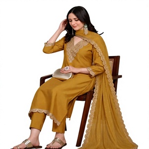 <b>Women</b> Embroidered Rayon Slub <b>Kurta</b> Set With Dupatta Regular Fit Wedding Ethnic Wear India Pakistan 85901 SAHAJANAND- SI:-375 - Product Image 1