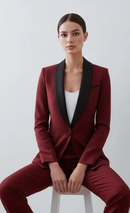 Conjunto de traje de esmoquin borgoña elegante para mujer, blazer a medida con solapa de satén negro y pantalones ajustados a juego, ropa formal elegante - Product Image 3