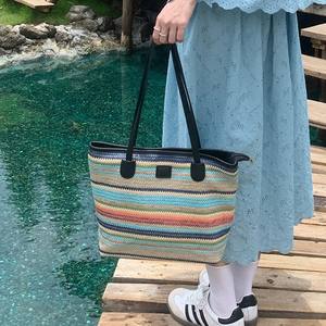 Summer Colorful Woven Tote Bag Large Capacity <b>Rainbow</b> Striped Straw Shoulder Bag For Beach Vacation Everyday Use - Product Image 3