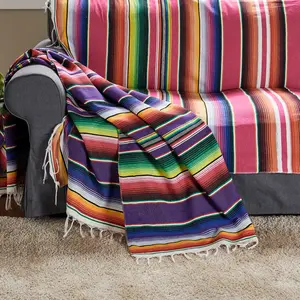 Mexican Serape Blanket with Tassel Bright Colorful Stripe Rainbow Throw Blanket Yoga Beach Blanket Tablecloth Sofa Cover