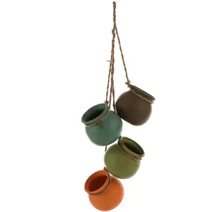 Dangling Southwest Desert Color Ceramic 4 Pot Set, Wall or Ceiling Mount Hanging Mini Flower Planters