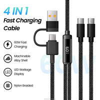 Tidak Ada Lagi Kabel Berlebihan 4 in 1 60W PD Kabel Pengisian Cepat dengan Layar LED Penunjuk Daya, Jalinan Nilon, Sinkronisasi Data 480Mbps untuk Ponsel Laptop