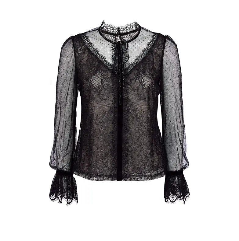 Long Sleeves O-neck Clothing Wrap Black Lace Solid Color Woman Blouse Women Tops