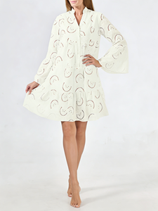 2026 <b>Summer</b> <b>Loose</b> Cotton Casual Beige Knitted Embroidered <b>Dress</b> with V-Neck Flared Sleeves Washable-Knee-Length - Product Image 1