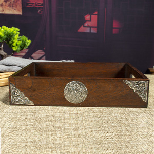 Solid Wood Rectangle <b>Tray</b> Dark Brown With <b>Tin</b> Decor For Desktop Storage And Tea Serving - Product Image 3