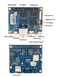 Banana Pi BPI-P2 Zero 512 Mo de RAM, 8 Go eMMC, processeur quadricœur Mali400MP2, GPU intégré, Wi-Fi, prise en charge PoE, carte de développement avec prise en charge de la caméra CSI - Product Image 3