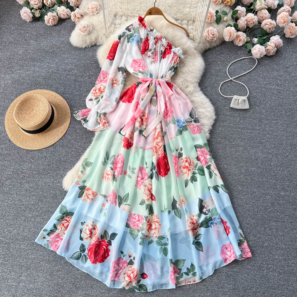 Floral Maxi Dress Women Summer One Shoulder Puff Sleeve