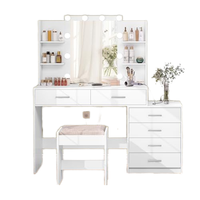 TEENFON Ensemble de coiffeuse moderne en bois de 48 pouces avec tabouret, miroir LED éclairé, 6 tiroirs, 6 étagères, prise de courant, design blanc pour chambre à coucher