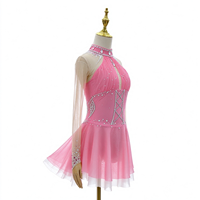 Robe de patinage et de danse rose pour enfants et adultes, col halter, manches longues en maille, dos découpé avec strass, pour compétition et spectacle de patinage sur glace