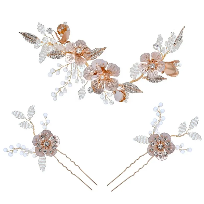 Diseño Original flor nupcial del pelo de cristal accesorios de Pin fiesta tocado diadema de boda de las mujeres de la hoja de oro boda