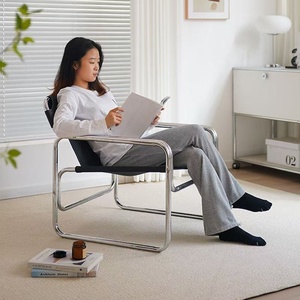 Fauteuil Bauhaus au design moderne et épuré, fauteuil de salon en cuir pleine fleur et acier inoxydable, fauteuil inclinable individuel pour la maison - Product Image 4